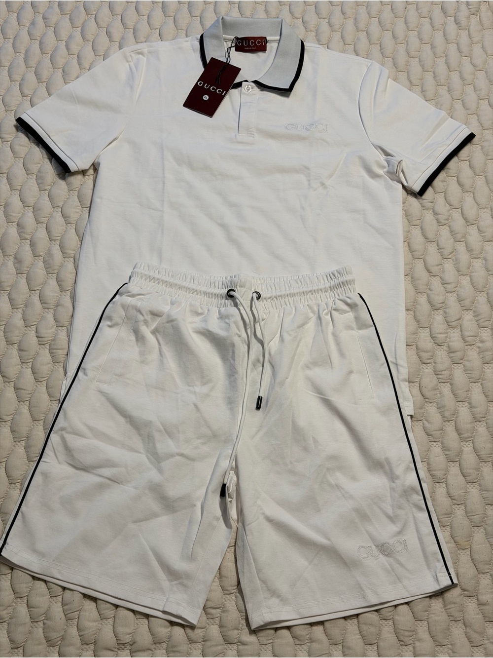 Gucci White Polo and Shorts Set with Black Piping XL